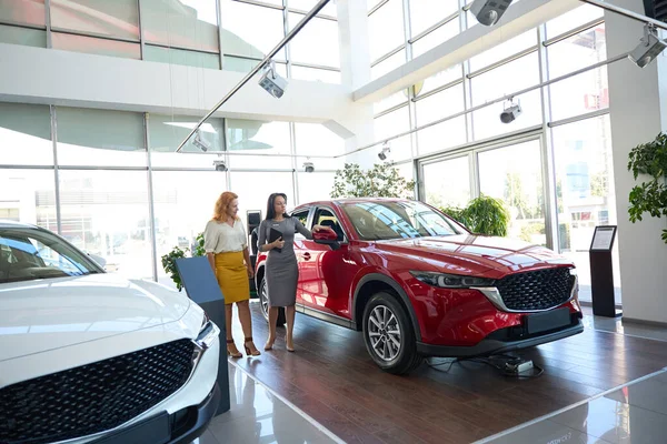 Car dealership manager inspects the car with the client, informs her about the terms of purchase and lending