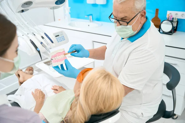 Vue Dos Portrait Beau Orthodontiste Caucasien Tient Mâchoire Artificielle Démontre — Photo