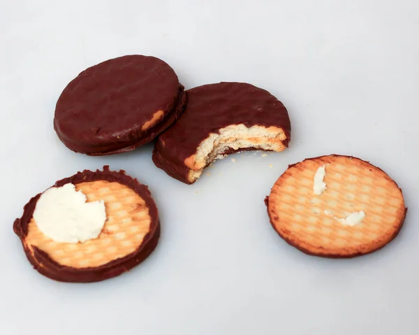 Biscuit Sandwich Croustillant Avec Une Épaisse Couche Chocolat Crème Vanille — Photo