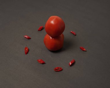 The combination of fresh tomatoes, red chilies and eggs forms a smiling face. Cooking ingredients ready to be served. focus blur, background inspiration. black and red color combination.