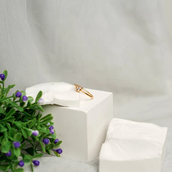 Svatební Prsten Motivem Přírody Pár Prstenů Větvičce Bílém Pozadí Zásnubní — Stock fotografie