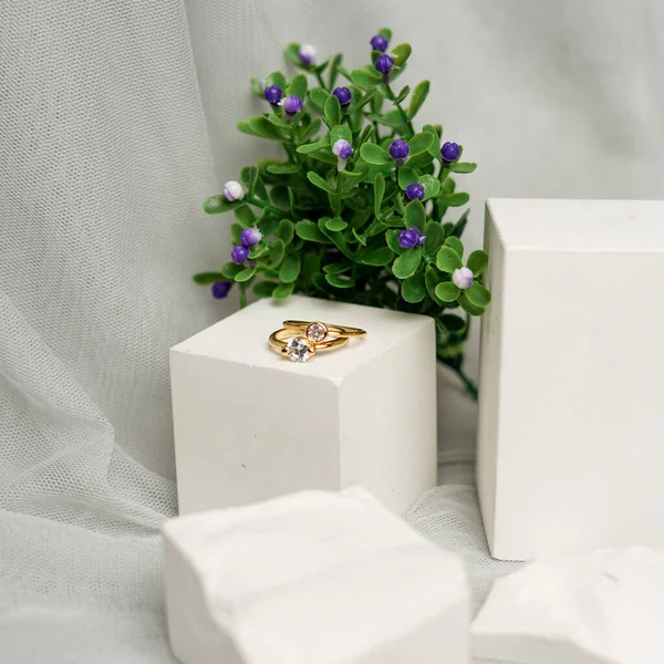 Svatební Prsten Motivem Přírody Pár Prstenů Větvičce Bílém Pozadí Zásnubní — Stock fotografie