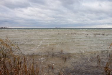 Rüzgarlı ve bulutlu havada göl. Sonbahar