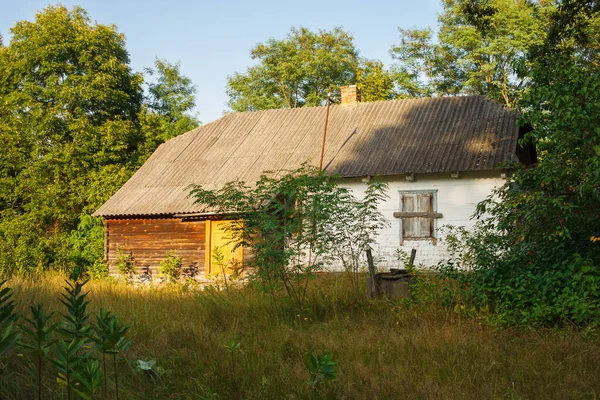 Verlassenes Altes Holzhaus Zwischen Grünen Bäumen Und Hohem Gras Ländliche — Stockfoto