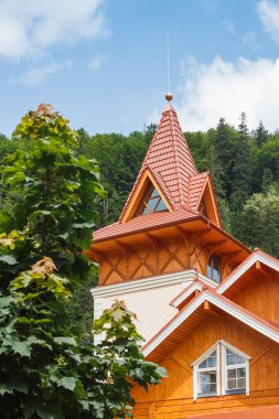 Ormanın arka planında kulesi olan bir dağ evi parçası.