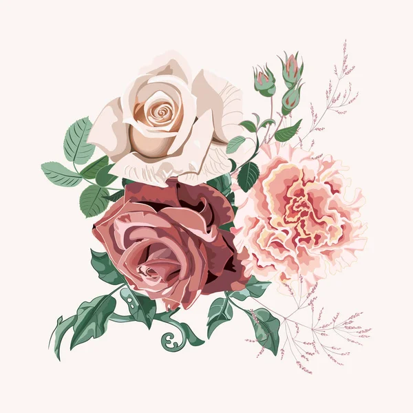 Ramo de flores de rosas rosadas melocotón de cerca, aislado sobre fondo blanco. Vector de stock