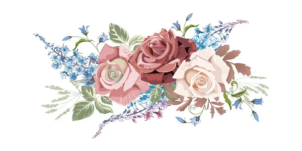 Blumenstrauß aus pfirsichfarbenen cremefarbenen Rosen und der Glockenblume, isoliert auf weißem Hintergrund. — Stockvektor