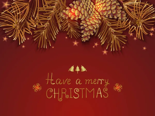 Gräns av gyllene julgran grenar och kottar på röd bakgrund. — Stock vektor