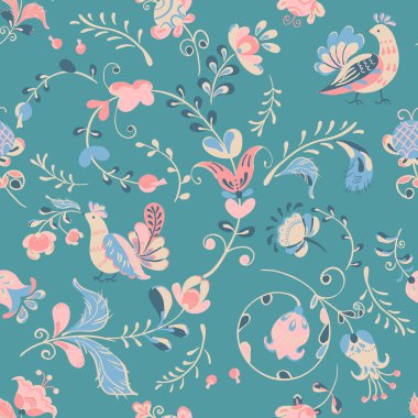 Çiçeklerle süslenmiş çiçek çerçevesi ve Rus halk sanatı tarzında bir kuş.