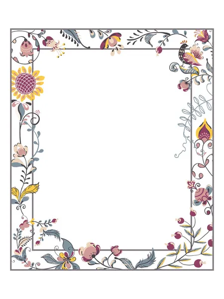 Wektor kwiatowy ozdoba kwadratowa ramka z kwiatami i ptakiem w rosyjskim stylu malarstwa ludowego — Wektor stockowy