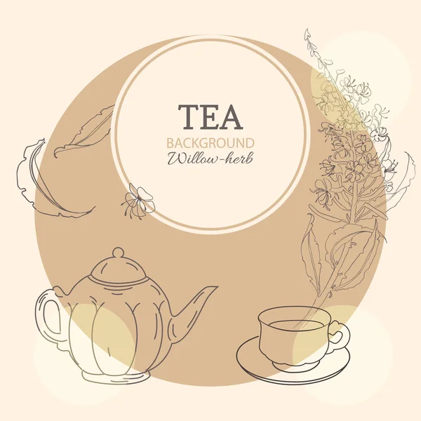 Banner teáskanna, egy csésze tea és egy ág virágok és levelek tűzfű. — Stock Vector