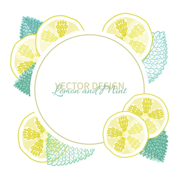 Bannière avec tranches de citron et cadre de feuilles de menthe. — Image vectorielle
