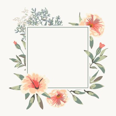 Kare boş pankartıyla vektör düğün kartı ve güzel kır çiçekleri ve yeşillikle çiçek demeti. Çiçek arkaplan renkleri..