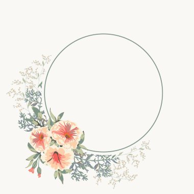 Vector wedding card with round empty banner and floral bunch with beautiful wild flowers, greenery.Floral background pastel colors. clipart