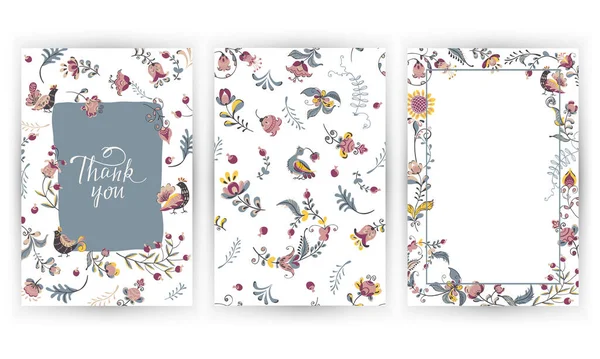 Vector Set Card Belettering Bedankt Naadloos Patroon Met Bloemen Vogels — Stockvector