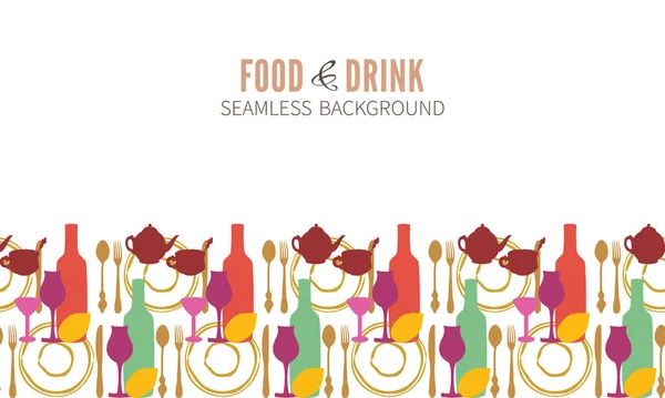 Banner Cafe Restaurant Bar Horizontal Seamless Border Crockery Food Drinks — Stock vektor