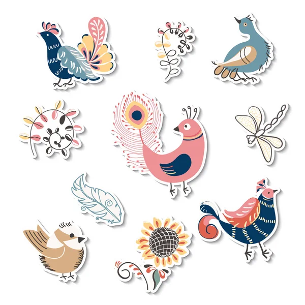 Set van stickers schattige vogels veer libelle zonnebloem. Grappig stripfiguur. — Stockvector