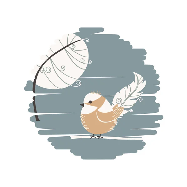 Χαριτωμένο πουλί με ένα φτερό στην ουρά του. Αστείος χαρακτήρας κινουμένων σχεδίων. — Διανυσματικό Αρχείο