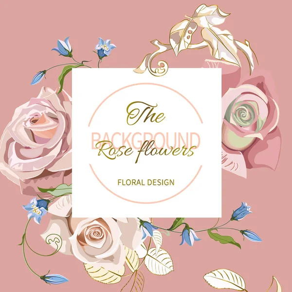 Floral banner invitation with peachy pink and cream colour roses and the bell flower on peachy background. — Stockvektor