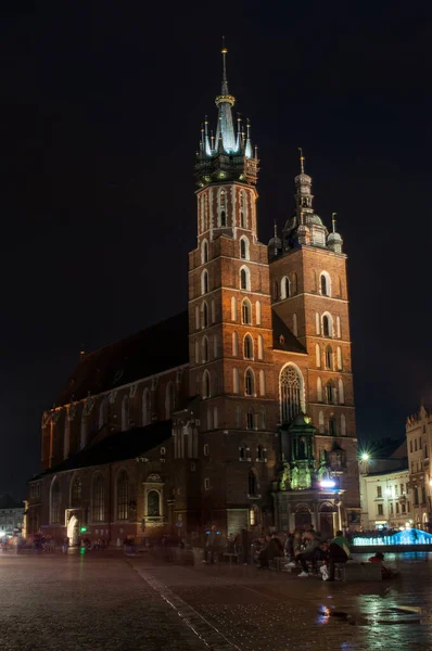 Krakow Poland July 2016 Large Cathedral Main Square Which Illuminated — Stock Photo, Image