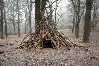 Kışın sisli bir ormanda odundan ve sopalardan yapılmış evler..
