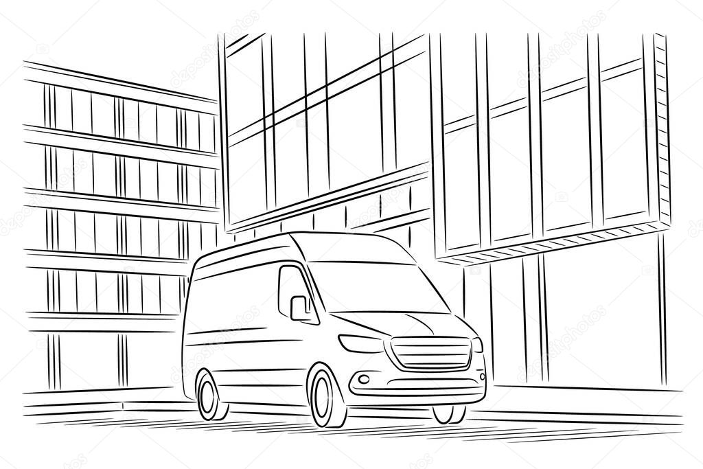 A simple vector drawing of a large consignment delivery truck parked in the city between tall office buildings.