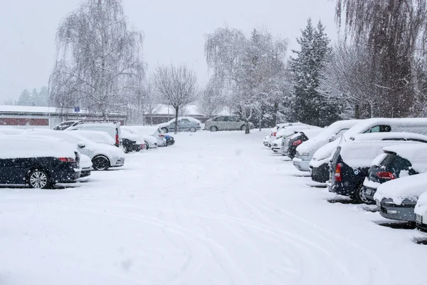 Estacionamiento Nevado Invierno Coches Estacionados Bajo Nieve Invierno Ciudad — Foto de Stock