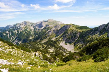 Slovenya 'daki Julian Alpleri' nde Vogel Tepesi yakınlarındaki Rocky Dağı zirveleri. Bohinj Gölü üzerindeki yaz dağları ve manzara.