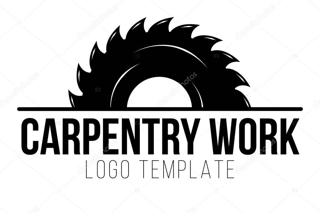 Logo for carpenters or joiners. Saw with gear wheel and text.