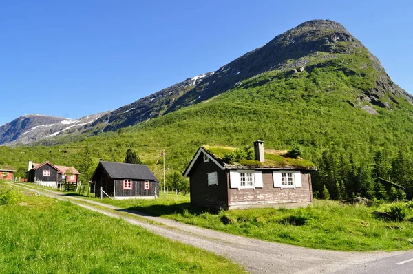 Casas Madera Con Césped Techo Típicas Casas Pueblo Noruegas Campo —  Fotos de Stock