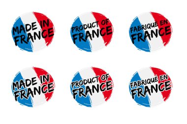 Fransa 'da üretilmiştir - Yazılı bir etiket ve hangi ülkenin üretildiğini gösteren bir bayrak.