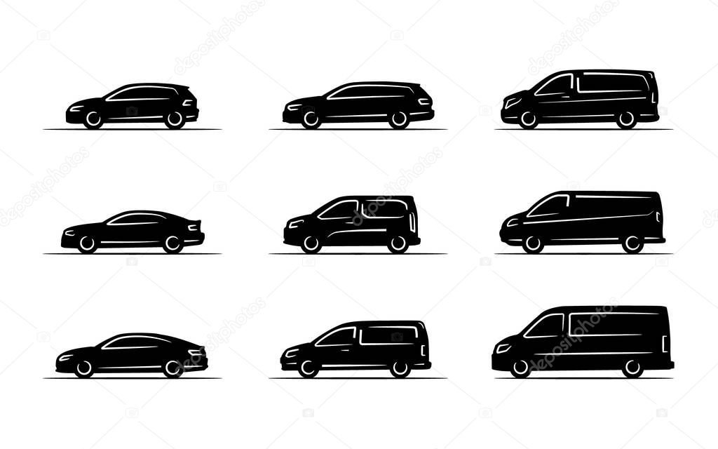 Set of simple vehicle icons in black. It contains cars and sports cars and several smaller and larger vans.