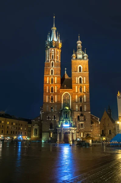 Krakow Poland July 2016 Large Cathedral Main Square Which Illuminated — Stock Photo, Image