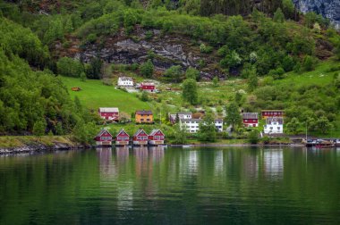 Norveç 'te fiyort kıyılarında renkli ahşap evleri olan küçük bir köy..