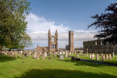 Afternoon sun-lit remains of a ruined cathedral in St Andrew, Scotland