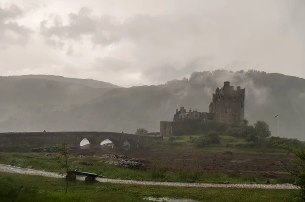 Old Stone Castle Eilean Donan Castle Fog Scotland — стоковое фото