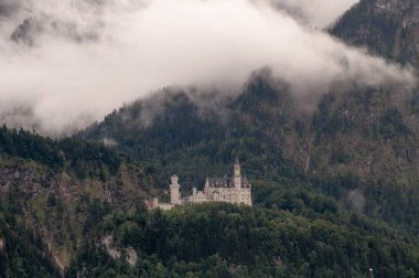 Neuschwanstein Şatosu, Almanya. Bavyera 'nın ünlü turistik merkezi..