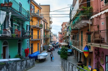 Manarola, İtalya - 10 Ekim 2014: İtalya 'da deniz kenarındaki Cinque Terre' de renkli evleri olan Dar Sokak.