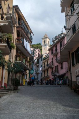 Manarola, İtalya - 10 Ekim 2014: İtalya 'da deniz kenarındaki Cinque Terre' de renkli evleri olan Dar Sokak.