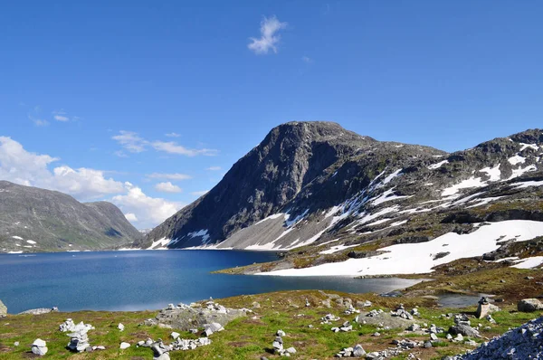 Snowy Mountains Ice Lake Dalsnibba Hill Romsdal Region Norway — Stock Photo, Image