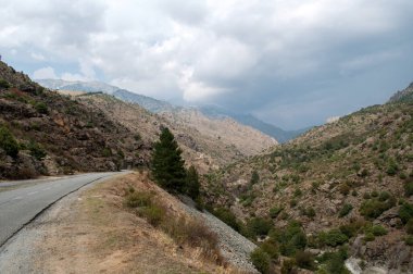 An asphalt road leads through the mountains on the island of Corsica. Stony rocks on hills.