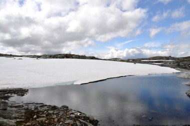 Sognefjell, Jotunheim, Norveç. Doğal parktaki karlı kayalık arazi. Karla kaplı kayalar, dağlar ve buzlu göller..