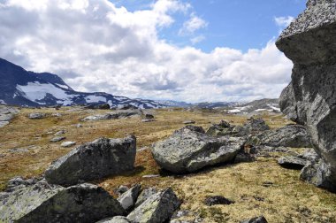 Sognefjell, Jotunheim, Norveç. Doğal parktaki karlı kayalık arazi. Karla kaplı kayalar, dağlar ve buzlu göller..