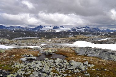 Sognefjell, Jotunheim, Norveç. Doğal parktaki karlı kayalık arazi. Karla kaplı kayalar, dağlar ve buzlu göller..