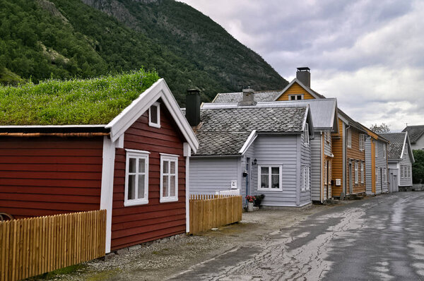 Laerdalsoyri, Norway - Street with old wooden houses. A UNESCO historical monument in Norway.