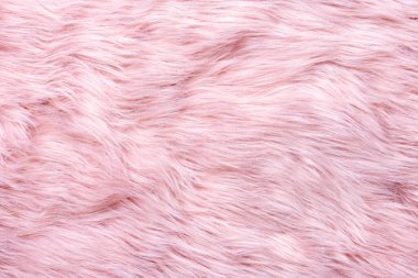 Moda pembe yapay kürk dokusu. Kürk desenli üst görünüm. Pembe kürk arka plan. Pembe tüylü kürk dokusu. Yün dokusu. Pofuduk koyun derisi yakın