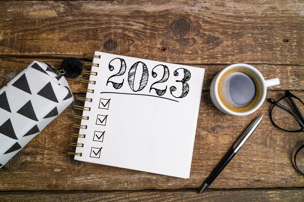 Obiective Anul Nou 2023 Birou Lista Rezoluțiilor 2023 Notebook Uri — Fotografie, imagine de stoc