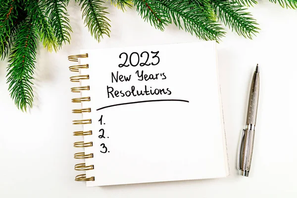 Objetivos Año Nuevo 2023 Escritorio Lista Resoluciones 2023 Con Cuaderno — Foto de Stock