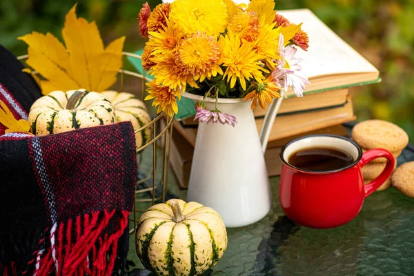 Composizione Autunnale Giardino Autunno Coperta Calda Lana Rossa Zucca Caffè — Foto Stock