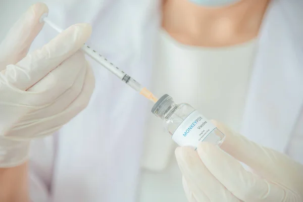 Doctor Scientist Holding Vaccine Vial Monkeypox Clade — Stock Fotó